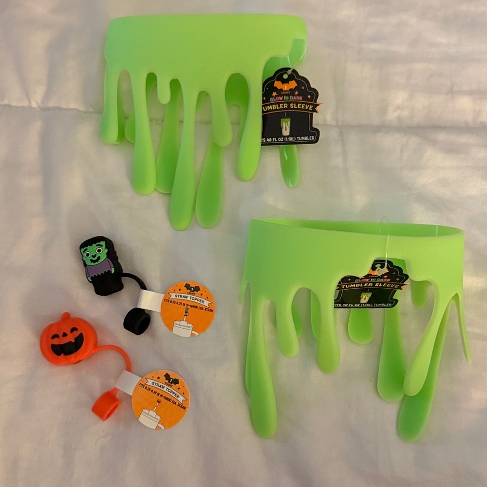 SET OF 2 Target Halloween glow in the dark tumbler slime sleeve, 2 straw toppers
